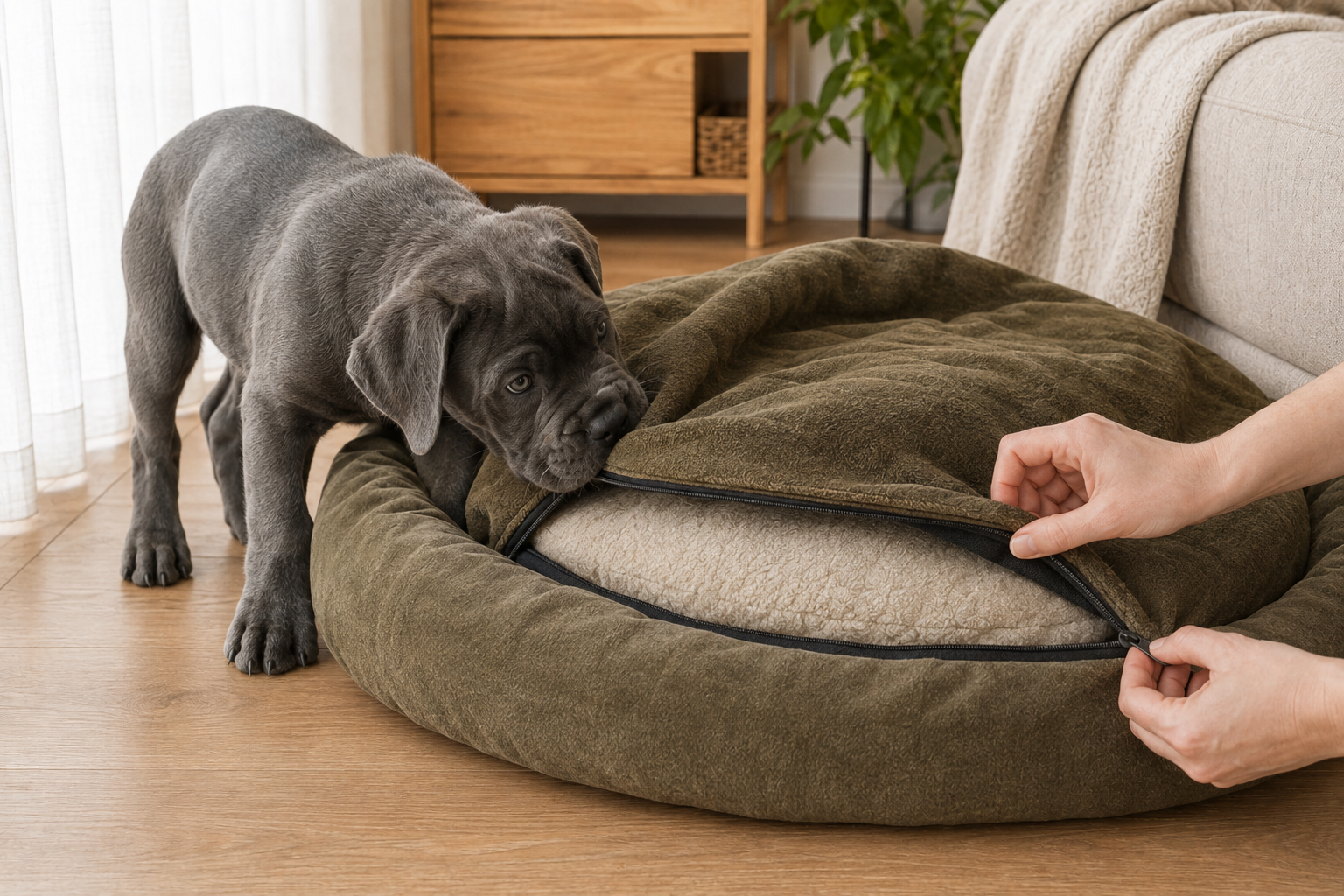 Snímatelný pratelný potah pelíšku vedle štěněte cane corso